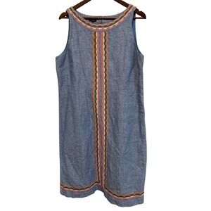 Talbots Blue Linen Blend Embroidered Shift Dress Size 12 Sleeveless Cottage
